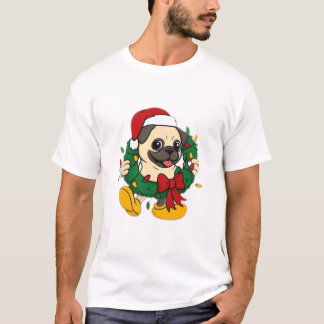 Süßer Weihnachts-Pug mit festlichem Kranz T-Shirt