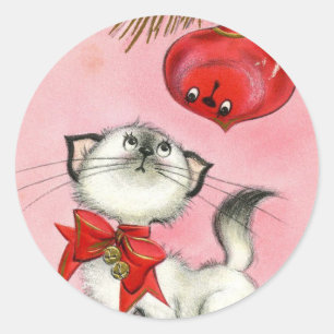Süßer Weihnachts-Retro-Vintage-Kätzchen-Katzenbaum Runder Aufkleber