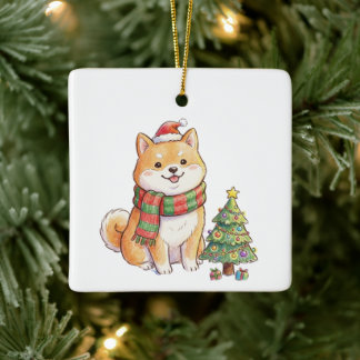 Süßer Weihnachts-Shiba-Inu in Santa-Mütze und Scha Keramikornament