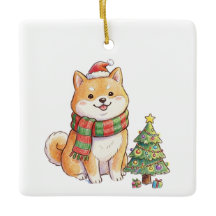 Süßer Weihnachts-Shiba-Inu in Santa-Mütze und Scha