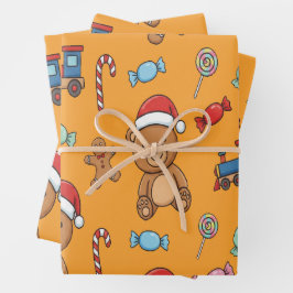 Süßer Weihnachts-Teddybär und Spielzeugzug Geschenkpapier Set