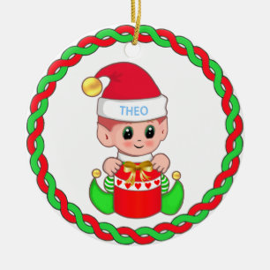 Süßer Weihnachtsbaby-Elf & grüne rote Girlande Keramik Ornament