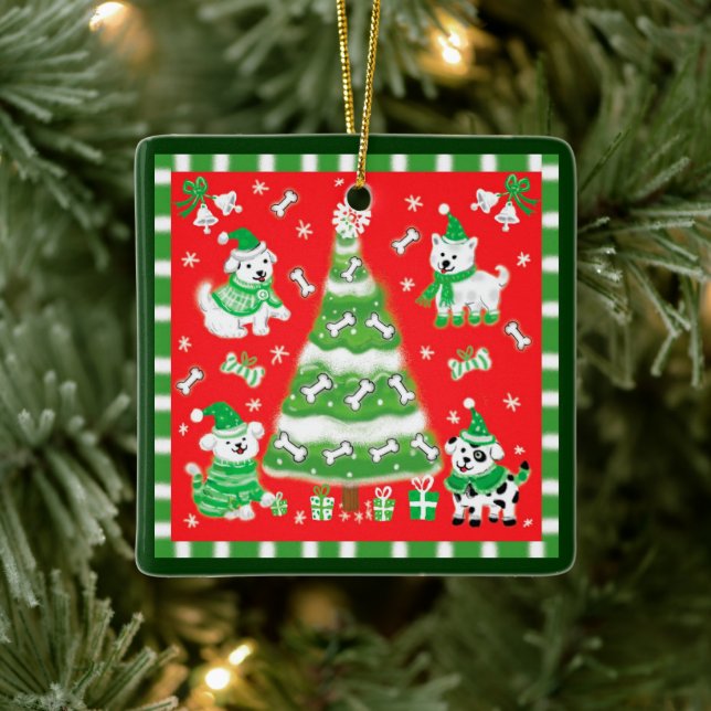 Süßer Weihnachtsbaum und Hundewelpen mit Knochen Keramikornament (Baum)