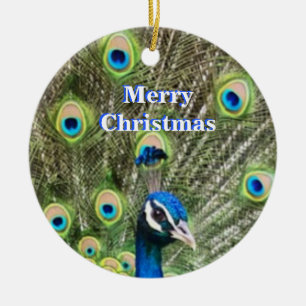 Süßer Weihnachtsblauer Pfauen Vogel & Kalligrafie Keramik Ornament