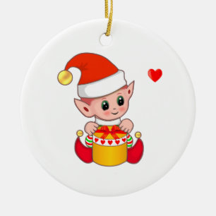 Süßer Weihnachtself auf Weiß Keramik Ornament