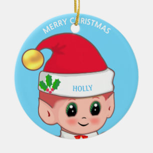 Süßer Weihnachtself & Benutzerdefinierter Name auf Keramik Ornament