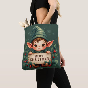 Süßer Weihnachtself hält fröhliches Schild in Grün