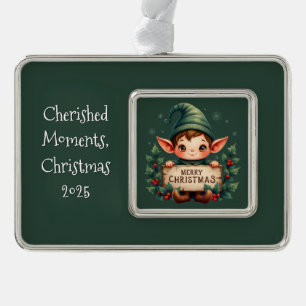 Süßer Weihnachtself hält fröhliches Schild in Grün Rahmen-Ornament Silber