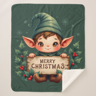 Süßer Weihnachtself hält fröhliches Schild in Grün Sherpadecke