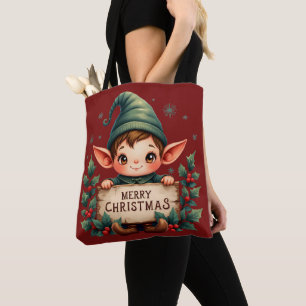 Süßer Weihnachtself hält fröhliches Schild Rot