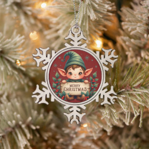 Süßer Weihnachtself hält fröhliches Schild Rot Schneeflocken Zinn-Ornament