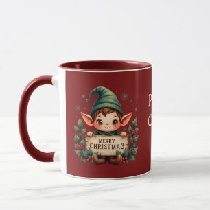 Süßer Weihnachtself hält fröhliches Schild Rot Tasse