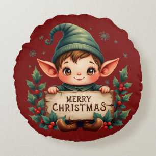 Süßer Weihnachtself hält fröhliches Schild Rundes Kissen