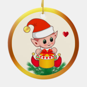 Süßer Weihnachtself & Herzen Keramik Ornament