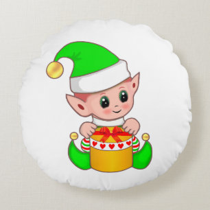 Süßer Weihnachtself in Grün gekleidet Rundes Kissen