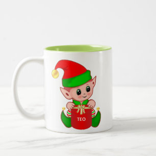 Süßer Weihnachtself mit Geschenkbox & editierbarem Zweifarbige Tasse