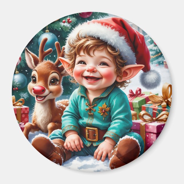 Süßer Weihnachtself & Rentier  Magnet (Vorne)