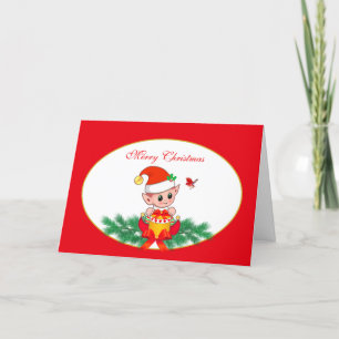 Süßer Weihnachtself & Vogel auf Rot & Weiß Feiertagskarte