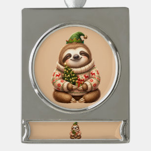 Süßer Weihnachtsfaultier-Feiertags-Schmuck Banner-Ornament Silber
