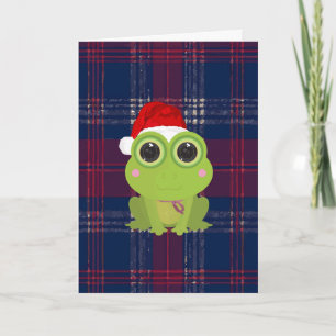 Süßer Weihnachtsfrosch-Feiertagskarte auf blau-rot Feiertagskarte