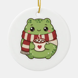 Süßer Weihnachtsfrosch mit heißer Schokolade und S Keramik Ornament