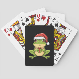 Süßer Weihnachtsfrosch mit Santa-Hut, der ein Gesc Spielkarten