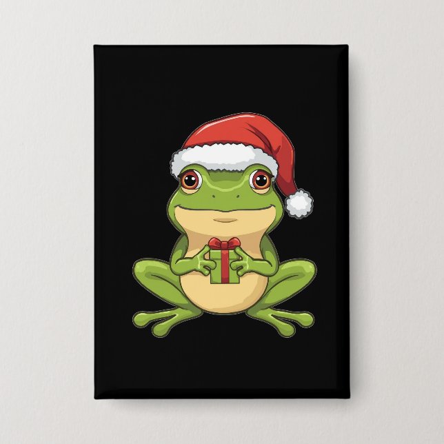 Süßer Weihnachtsfrosch mit Santa-Hut hält Geschenk Button (Vorderseite)