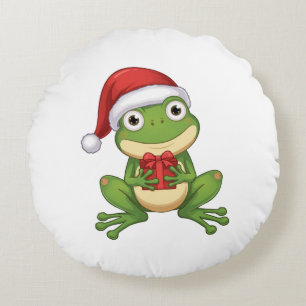 Süßer Weihnachtsfrosch mit Santa-Hut und Geschenk  Rundes Kissen