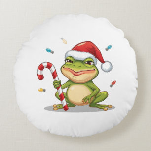 Süßer Weihnachtsfrosch mit Zuckerstange - Lustiger Rundes Kissen