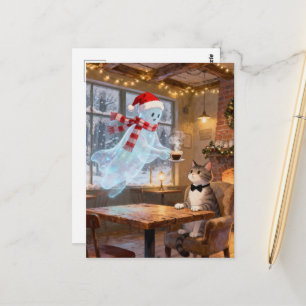 Süßer Weihnachtsgeist bedient Katze in einem Coffe Postkarte