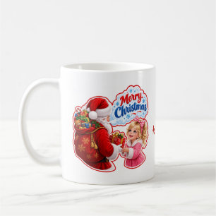 Süßer Weihnachtsmann, der einem kleinen Mädchen ei Kaffeetasse