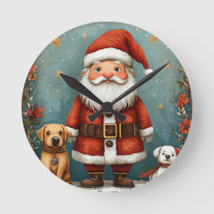 Süßer Weihnachtsmann mit Hunden im festlichen Rahm Runde Wanduhr