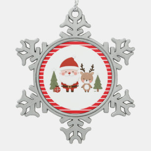 Süßer Weihnachtsmann & Rentiere  Schneeflocken Zinn-Ornament