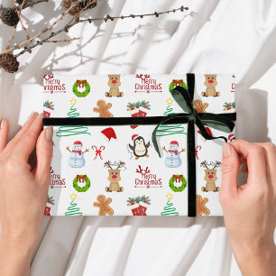 Süßer Weihnachtsmann Schneemann Rentier Pinguin Geschenkpapier