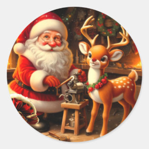 Süßer Weihnachtsmann und Rentiere Runder Aufkleber