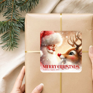 Süßer Weihnachtsmann und Rudolf personalisierte Fe Quadratischer Aufkleber