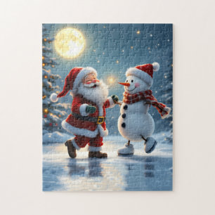 Süßer Weihnachtsmann und Schneemann tanzen auf Eis Puzzle