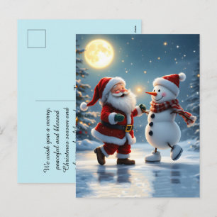 Süßer Weihnachtsmann und Schneemann tanzen im Wint Feiertagspostkarte