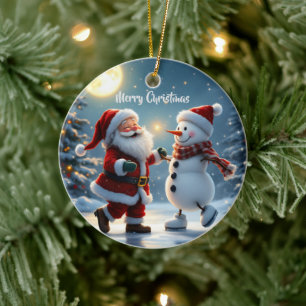 Süßer Weihnachtsmann und Schneemann tanzen im Wint Keramik Ornament
