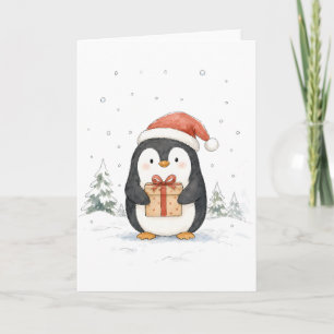 Süßer Weihnachtspinguin mit Geschenk und Santa-Müt Karte