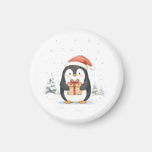 Süßer Weihnachtspinguin mit Geschenk und Santa-Müt Magnet
