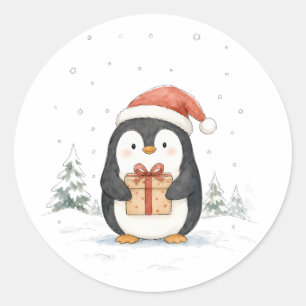 Süßer Weihnachtspinguin mit Geschenk und Santa-Müt Runder Aufkleber
