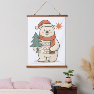 Süßer Weihnachtspolarbär Skandinavischer Winter Wandteppich Mit Holzrahmen