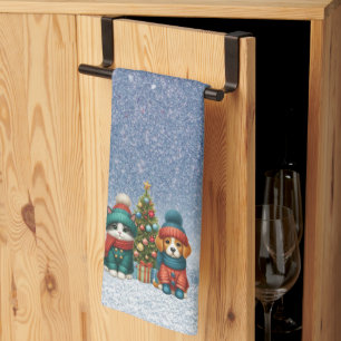 Süßer Weihnachtswelpe & Kätzchen Geschirrtuch