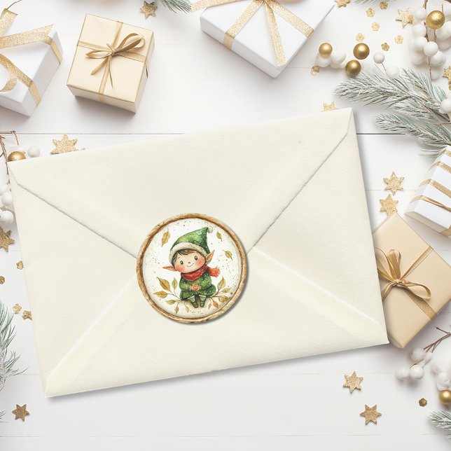 Süßer Weihnachtszwerg Faux-Wachs Runder Aufkleber (Cute Christmas Elf Faux Wax Classic Round Sticker)