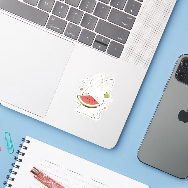 Süßer Weißer Hase Watermelone Essend Sticker (Laptop mit iPhone)