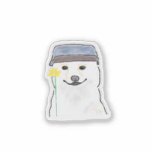 Süßer weißer Hund mit Hut, der gelbe Blume hält D Aufkleber