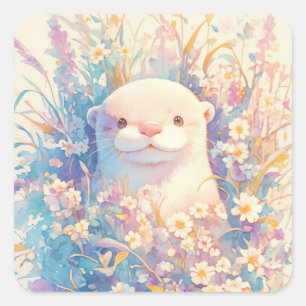 Süßer weißer Otternachwuchs schaut durch Blumen he Quadratischer Aufkleber