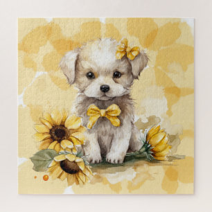 Süßer weißer Welpe gelbe Sonnenblume Aquarell Puzzle