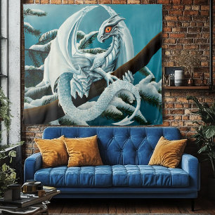 Süßer weißer Winterdrache Schneebedeckte Kiefer Fa Wandteppich